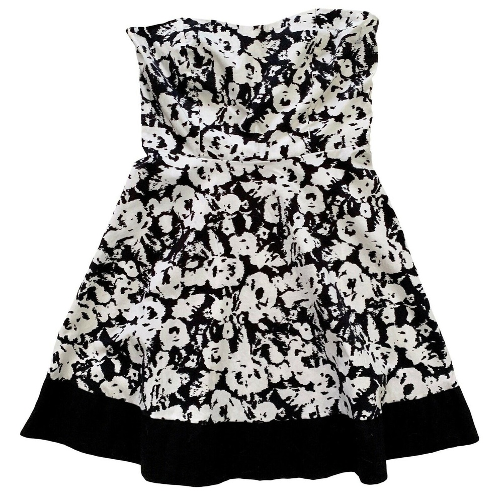 Metropark Black Womens Strapless Dress Fit & Flare Black White Print Mini New